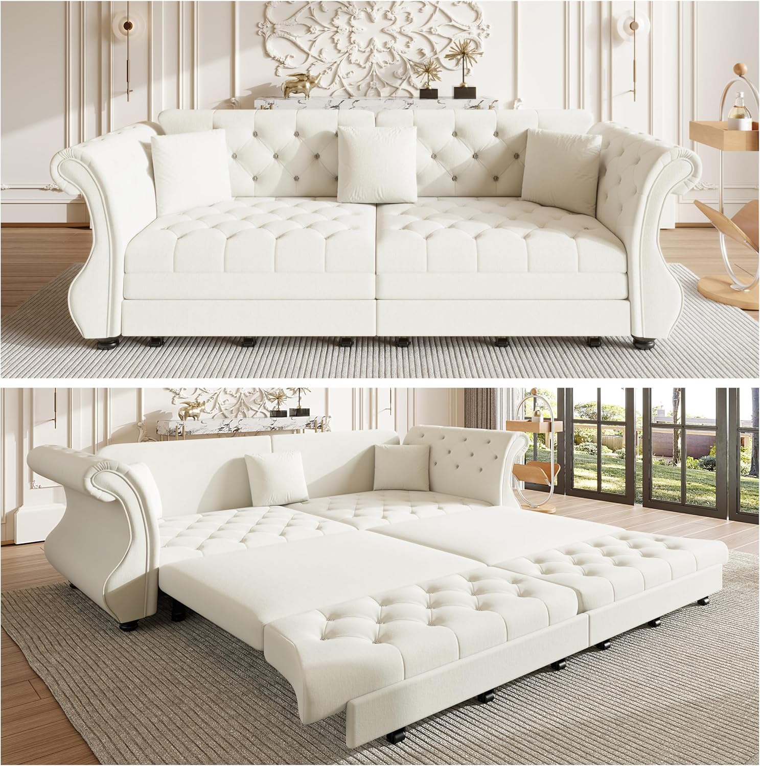 97.6' King Size Sleeper Sofa Bed, 3-in-1 Convertible Pull Out Chesterfield Sleeper Couch, Oversized Velvet Flower Button Tufted 4-Seat Sofa for Living Room Apartment, Beige White