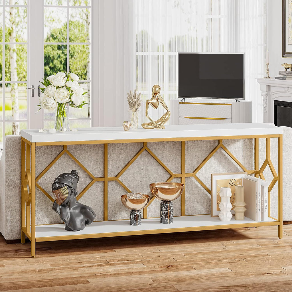 LITTLE TREE 70.9 Inch Extra Long Sofa Table, Industrial Narrow Long Sofa Tables Entry Table Behind Couch Table with Open Storage Shelf, White Gold