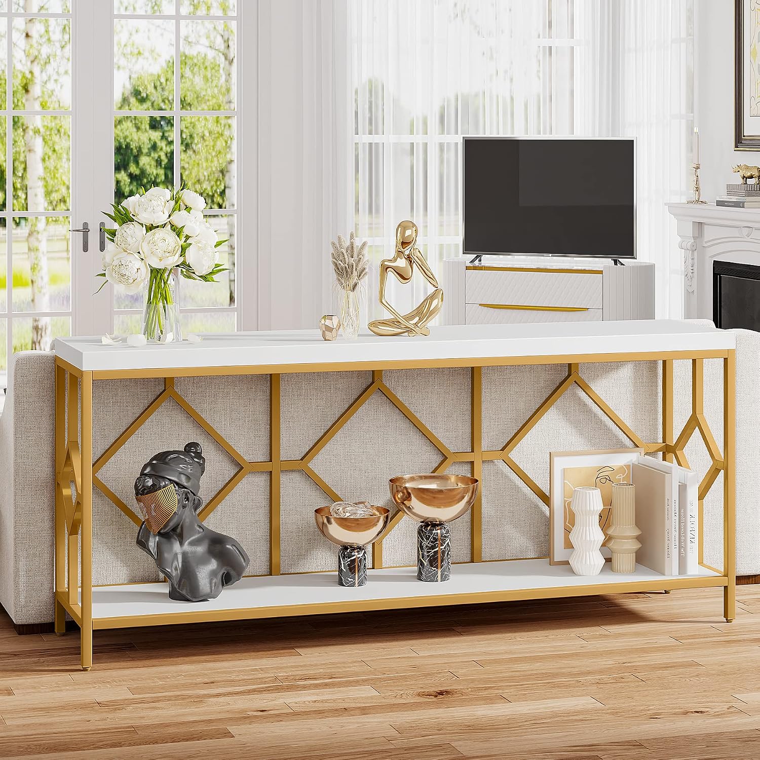 LITTLE TREE 70.9 Inch Extra Long Sofa Table, Industrial Narrow Long Sofa Tables Entry Table Behind Couch Table with Open Storage Shelf, White Gold