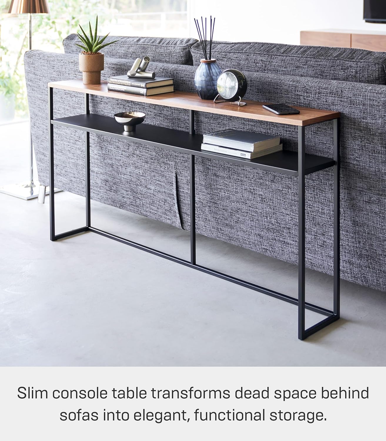 YAMAZAKI Home Tower Long Console Table for Entryway Or Hallways, Narrow Behnd Sofa Table with Wooden Top and Metal Shelf - Shelf, 26' - Steel