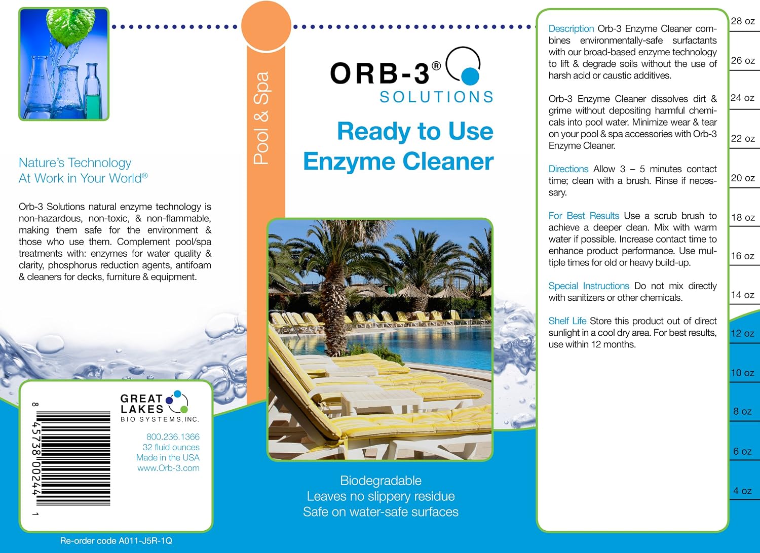ORB-3 A011-J5R-1Q Ready to Use Enzyme Cleaner for Pools, 1-Quart Bottle