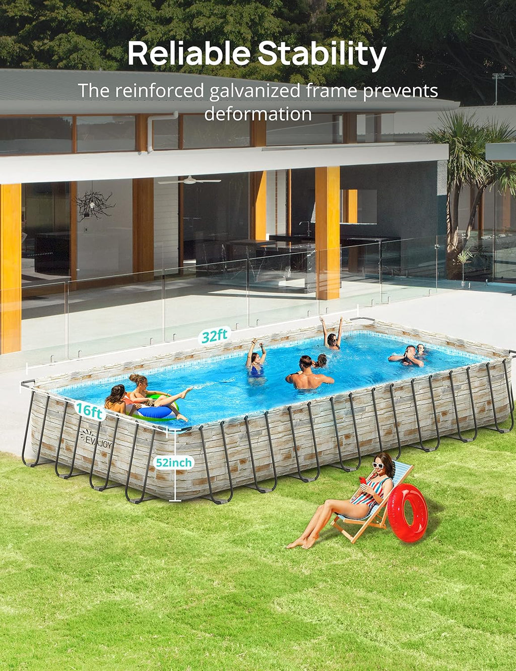 EVAJOY 32ft x 16ft x 52in Metal Frame Swimming Pool Set, Rectangular Above Ground Pool Cover with Sand Filter Pump, Pool Ladder, Ground Cloth for Backyard, Garden, PVC, Blue