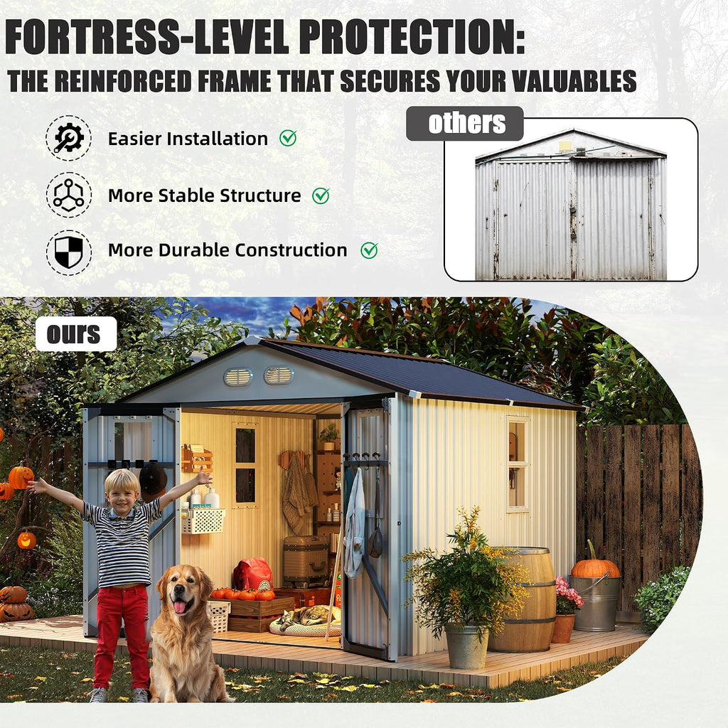 Metal Outdoor Storage Shed, 8x8 ft with Lockable Doors, Four Daylight Windows, Screened Vents, 120 sq ft Storage Space, Outdoor Garden Room ，Outdoor Pet Room (White 8x8FT)