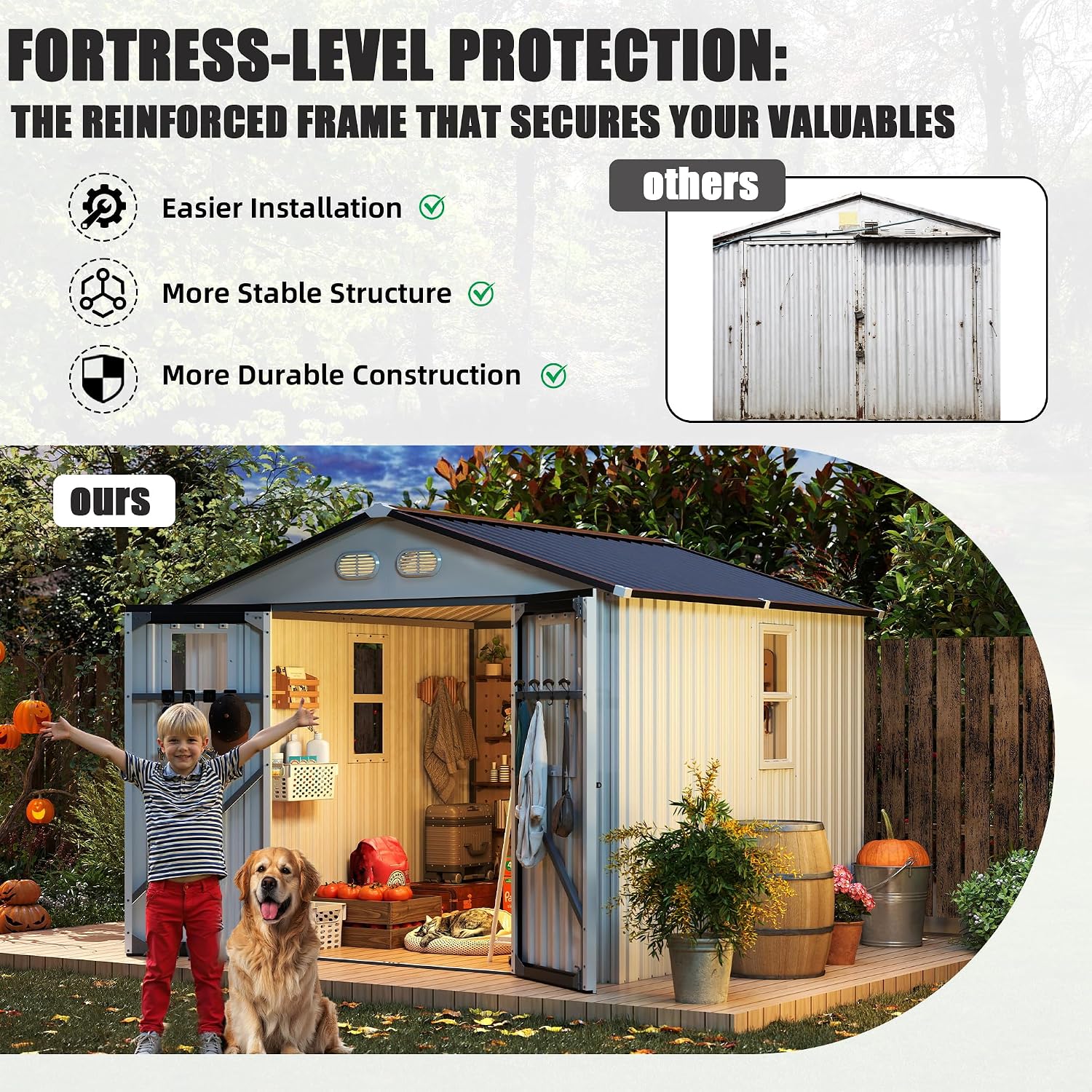Metal Outdoor Storage Shed, 8x8 ft with Lockable Doors, Four Daylight Windows, Screened Vents, 120 sq ft Storage Space, Outdoor Garden Room ，Outdoor Pet Room (White 8x8FT)