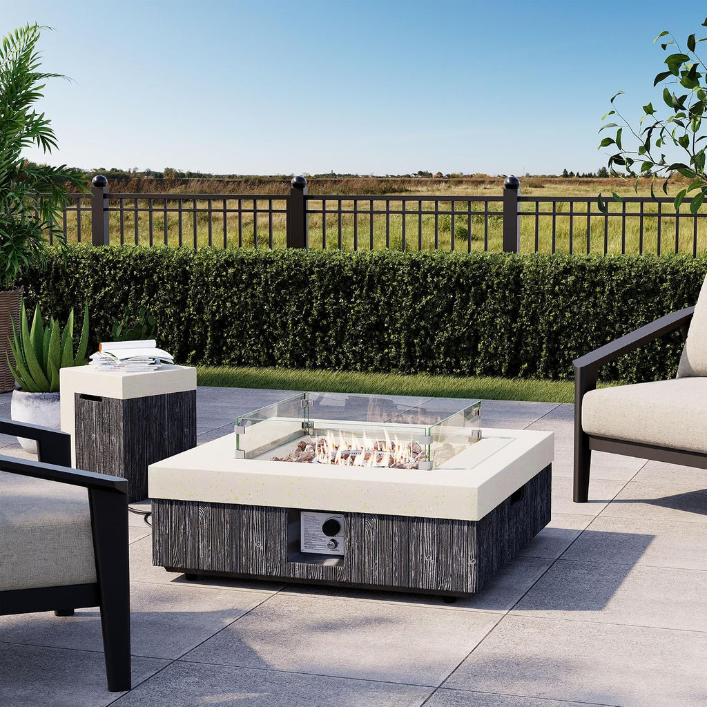 COSIEST 35' Outdoor Propane Fire Pit Table w Tank Cover & Wind Guard, Square Gas Fire Pit Table with Concrete & Wood Grain Design, 50000BTU Fire Tables for Patio, Backyard, Garden