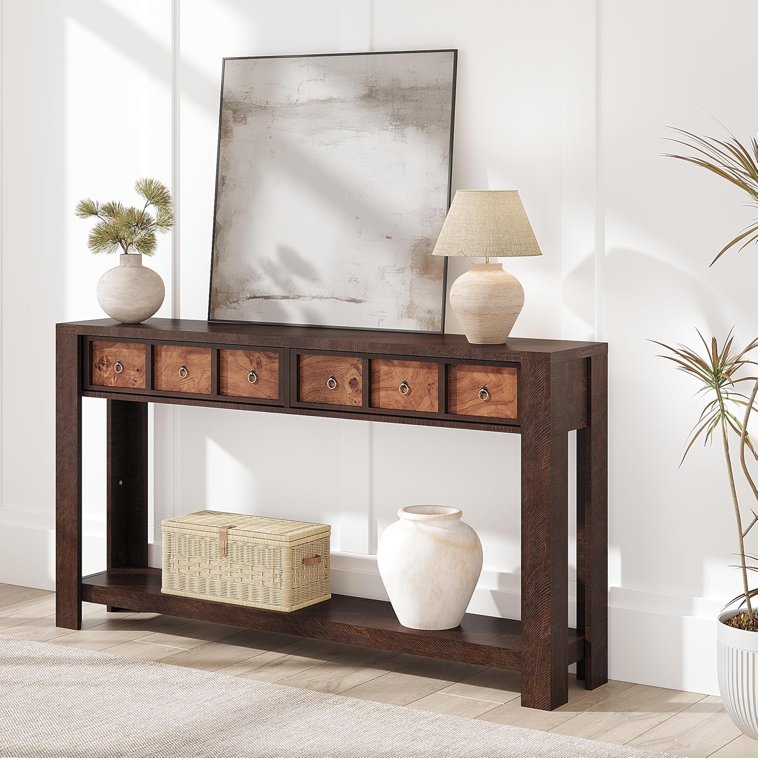 IDEALHOUSE 54inch Rustic Wooden Entryway Table with 2 Drawers & Open Shelf – Farmhouse Console Sofa Table for Hallway, Foyer & Living Room, Burlywood