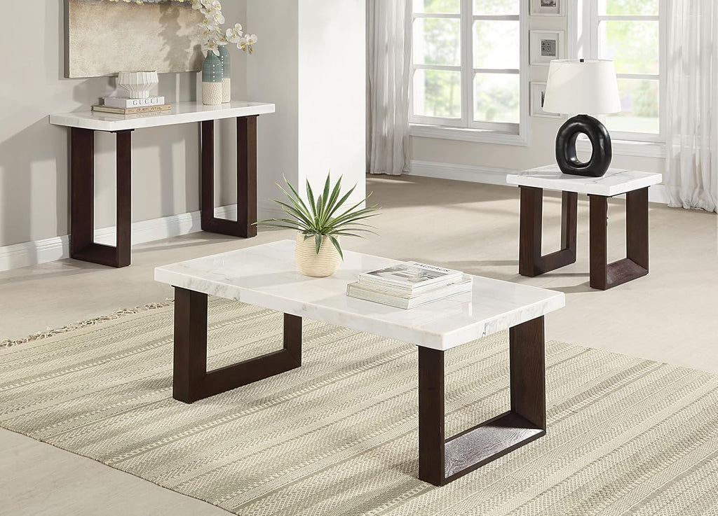 Acme Edwyn Marble and Wood Rectangular Sofa Table in White and Brown