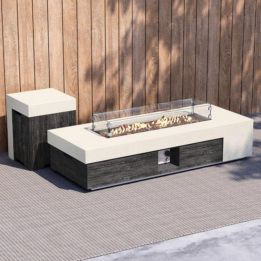 56inch Rectangle Propane Fire Pit Table 50000 BTU-Black & White Concrete Finish,Auto-Ignition,CSA Certified,with 20 Gallon Tank Cover, Glass Wind Guard
