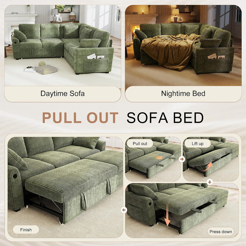 Hanherry Sectional Couch with Pull Out Sofa Bed,Corduroy Sleeper Sofa with 2 Seat Storage & USB Charging,Comfy L Shaped Modular Couches for Living Room,Apartment