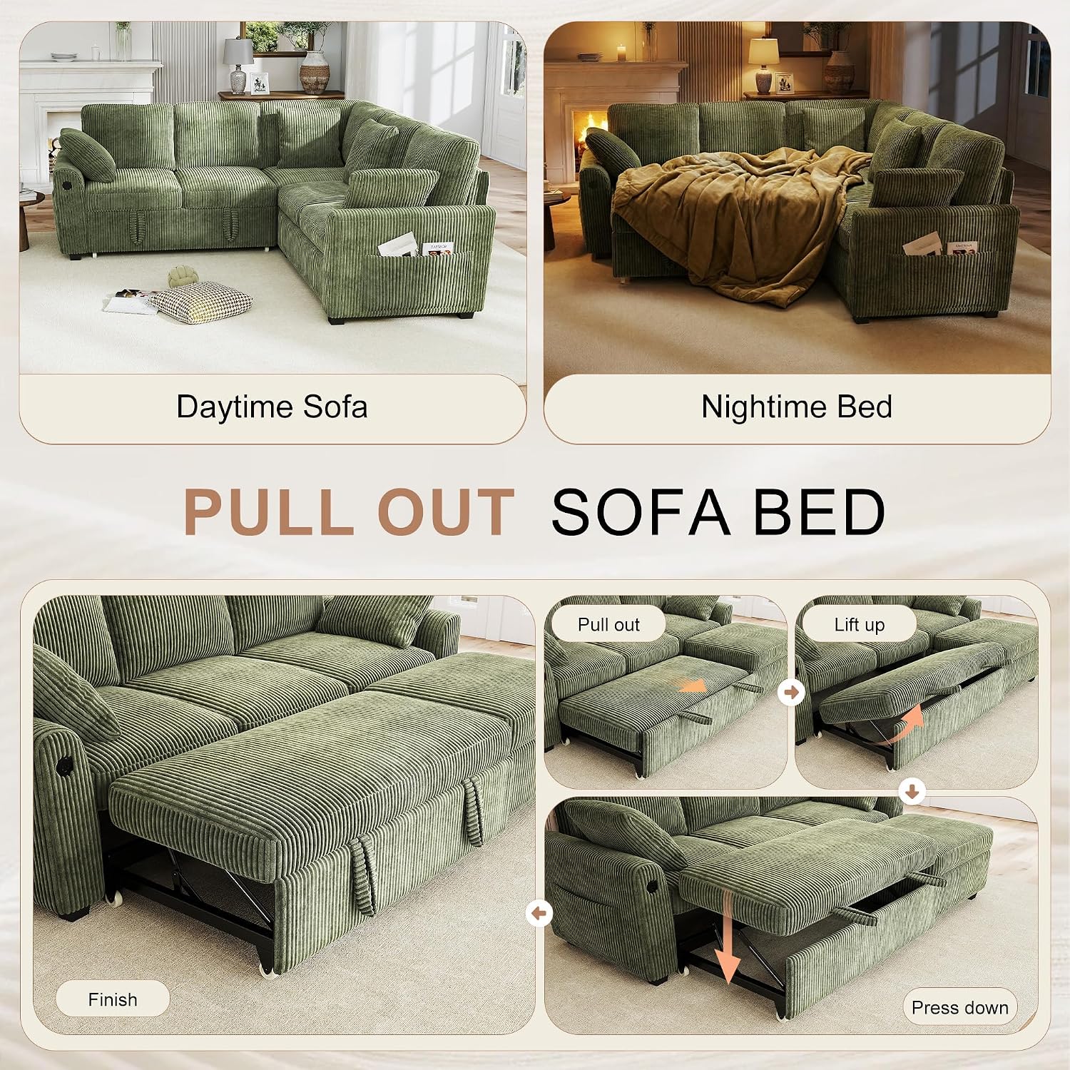 Hanherry Sectional Couch with Pull Out Sofa Bed,Corduroy Sleeper Sofa with 2 Seat Storage & USB Charging,Comfy L Shaped Modular Couches for Living Room,Apartment