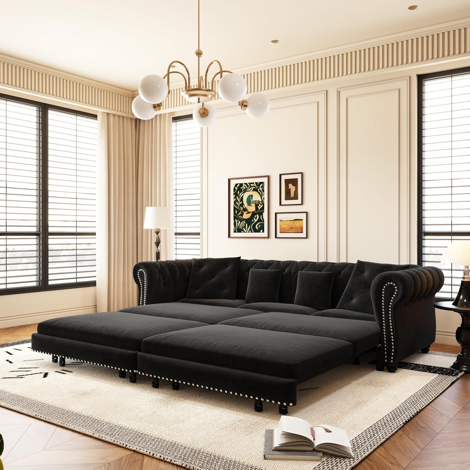 Ball & Cast 3-in-1 Convertible Sofa Bed with Movable Ottoman, 89' Pull Out Couch Bed King Size, Velvet 3 Seater Sleeper Sofa with Nailhead Trim & Rolled Arm,Sofa Couches for Living Room,Black