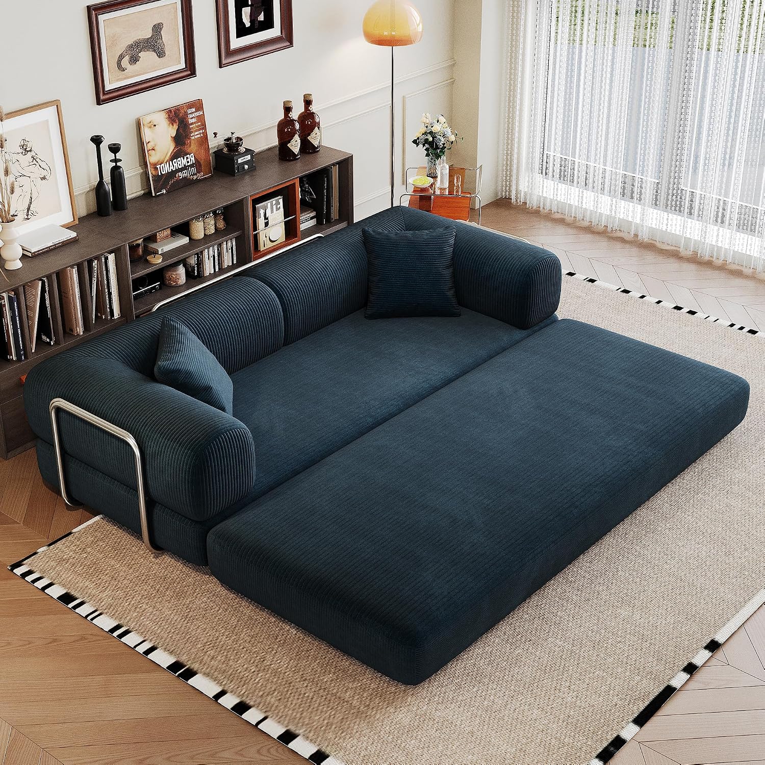 Ball & Cast 78' Convertible Floor Sofa Bed – 4-in-1 Modular Corduroy Sleeper with Fixed-Shape Support, No Assembly, Boneless Folding Couch with Armrests & Pillows – for Living Room, Apartments, Blue