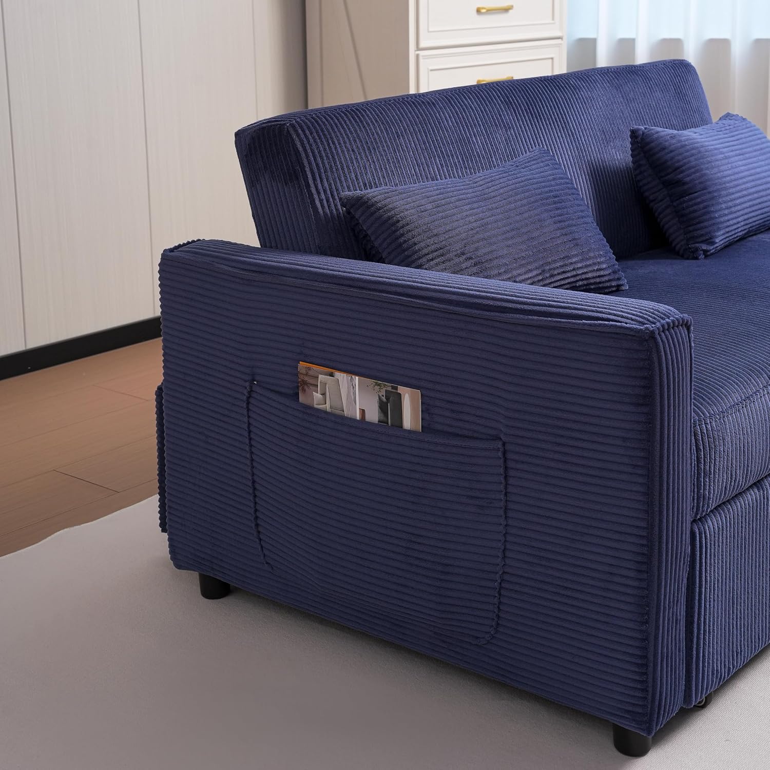 Ball & Cast 55' 3 in 1 Loveseat Futon Sofa-Bed,Convertible Pull Out Couch,Corduroy Upholstered Sleeper Sofa Bed with Adjustable Backrest,Side Pocket and 2 Pillows,Chaise Lounge for Living Room,Blue