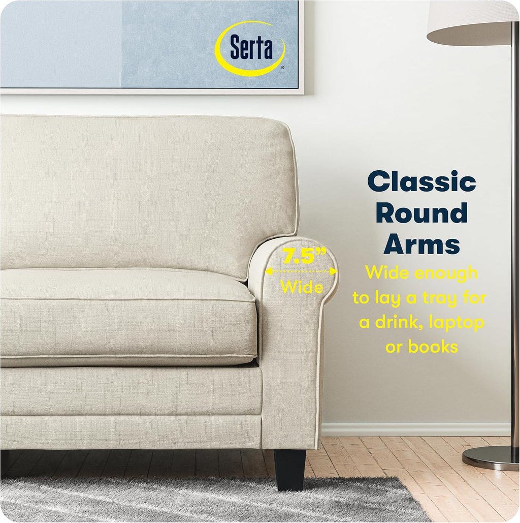 Serta Copenhagen 78' Rolled Arm Sofa, Easy Care Polyester, Soft Pillow Back, Pocket Coil Seat Cushions, Removable Covers, Loveseat or Couch for Small Spaces, Living Rooms or Bedrooms, Buttercream
