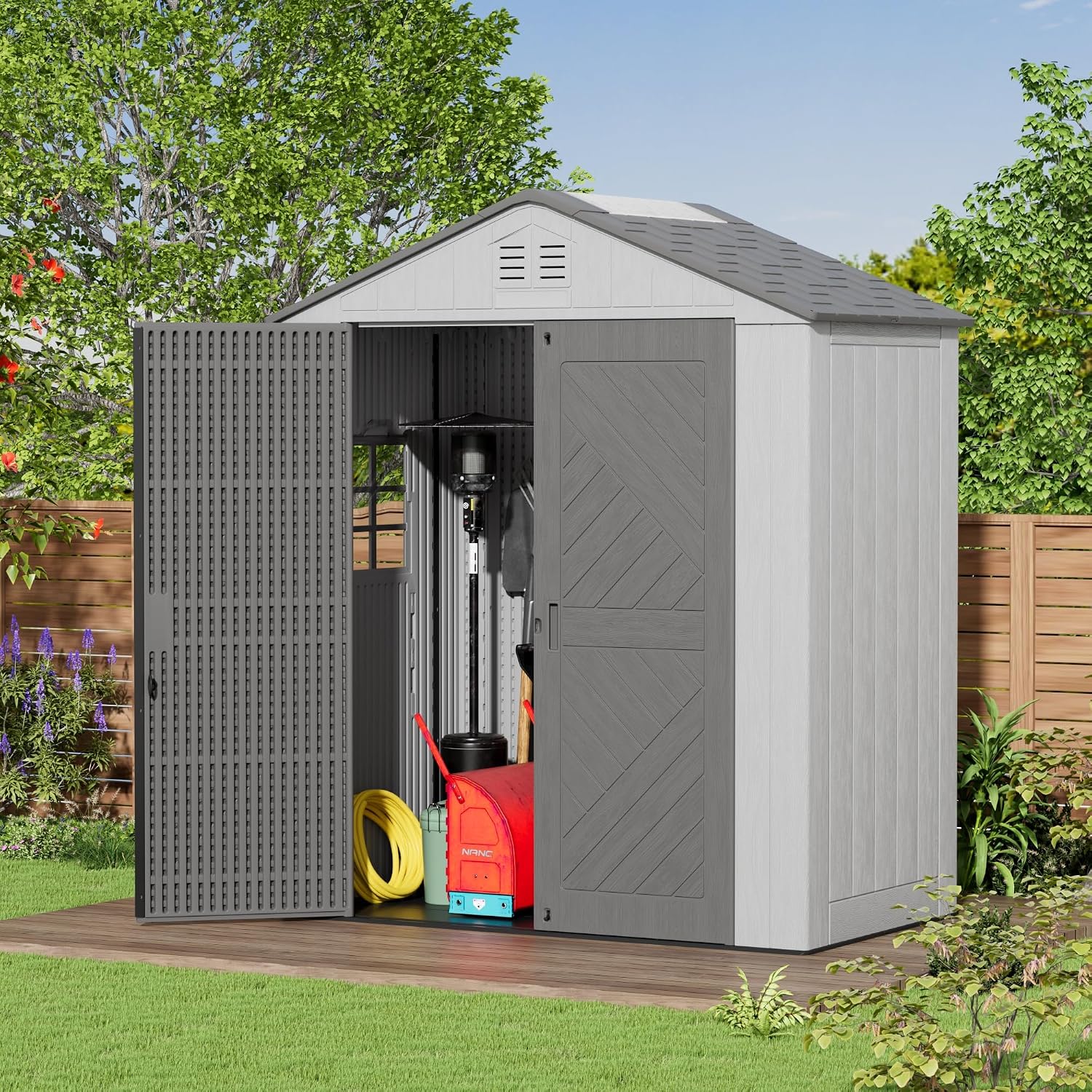 Mrosaa 6x4 FT Storage Shed with Floor,HDPE Resin Outdoor Storage Shed Weather Resistant,Lockable Garden Sheds with Windows for Home/Garden Tools/Backyard/Lawn Mower/Bike Storage(Gray)