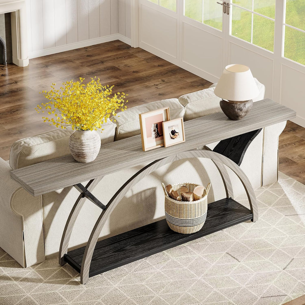 Tribesigns 70.87' Console Table, Industrial Sofa Table Behind Couch with 2 Tiers of Storage Shelves for Living Room, Hallway, Entrance, Foyer (Gray & Black)