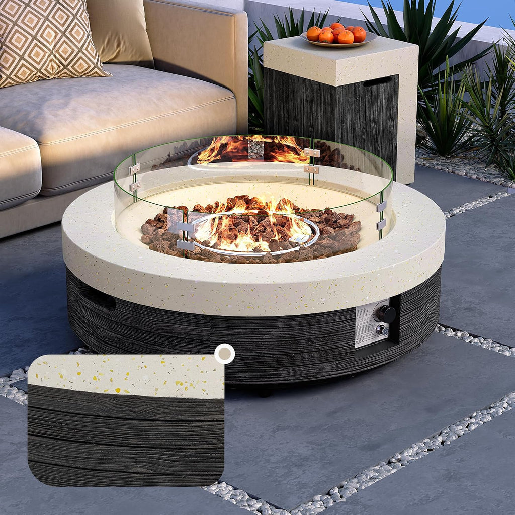 41inch Round Propane Fire Pit Table-Black & White Magnesium Oxide Design,50000 BTU Heat,with 20 Gallon Tank Cover, Glass Wind Guard & Waterproof Cover