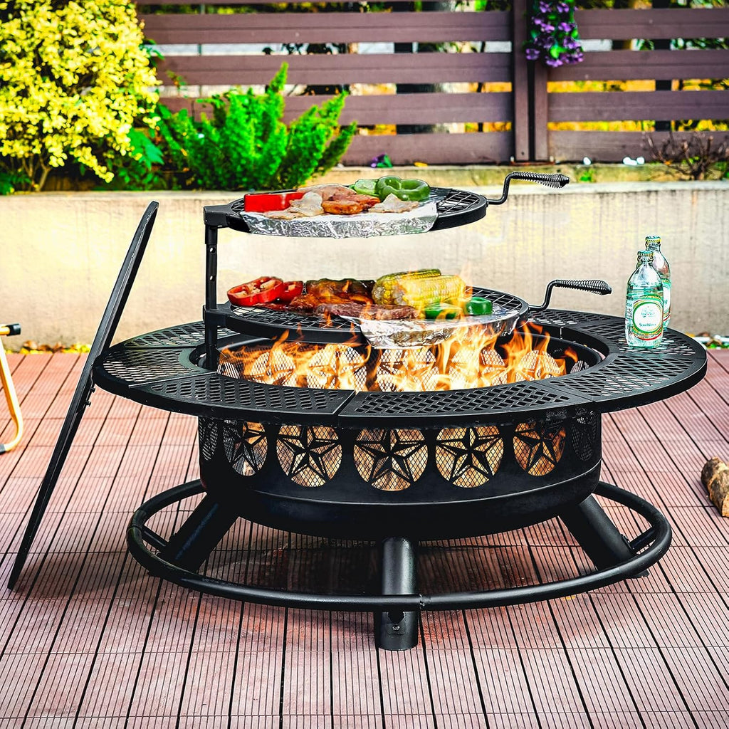 Verdeluxe 42 Inch BBQ Fire Pit with 2 Grills,3-in-1 Outdoor Round Metal Fire Pit Table with Lid,Fire Poker,Large Outdoor Wood Burning Firepits for Outside,Picnic,Bonfire Backyard Patio(Black)