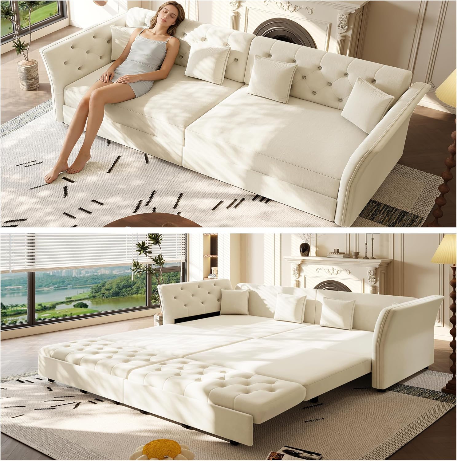 100' King Size Sleeper Sofa Bed, 3-in-1 Convertible Pull Out Chesterfield Sleeper Couch, Oversized Velvet Flower Button Tufted 4-Seat Sofa for Living Room Apartment (Beige White)
