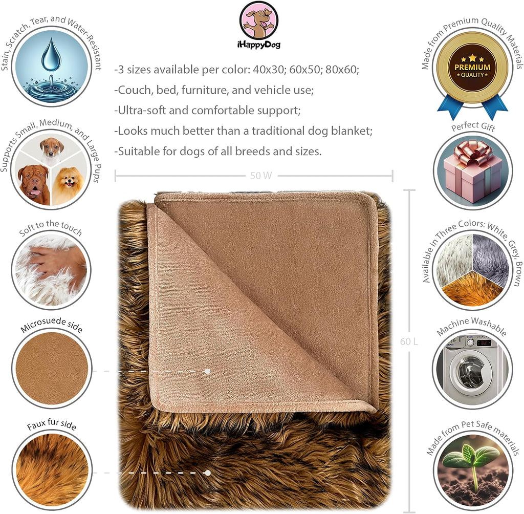 IHAPPYDOG Waterproof Faux Fur Dog Blanket – Pet Throw & Couch Protector for Sofa, Bed, Furniture – Plush Pup Cover for Small Medium Large Dogs – Machine Washable – Brown 60' x 50'