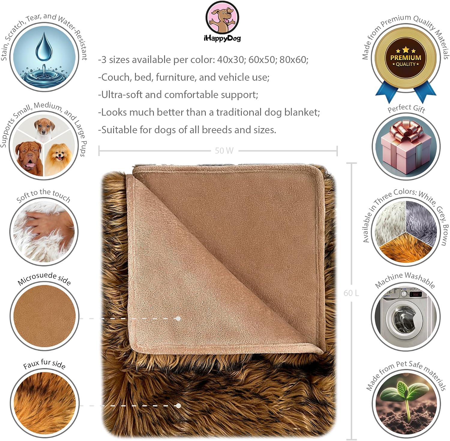 IHAPPYDOG Waterproof Faux Fur Dog Blanket – Pet Throw & Couch Protector for Sofa, Bed, Furniture – Plush Pup Cover for Small Medium Large Dogs – Machine Washable – Brown 60' x 50'