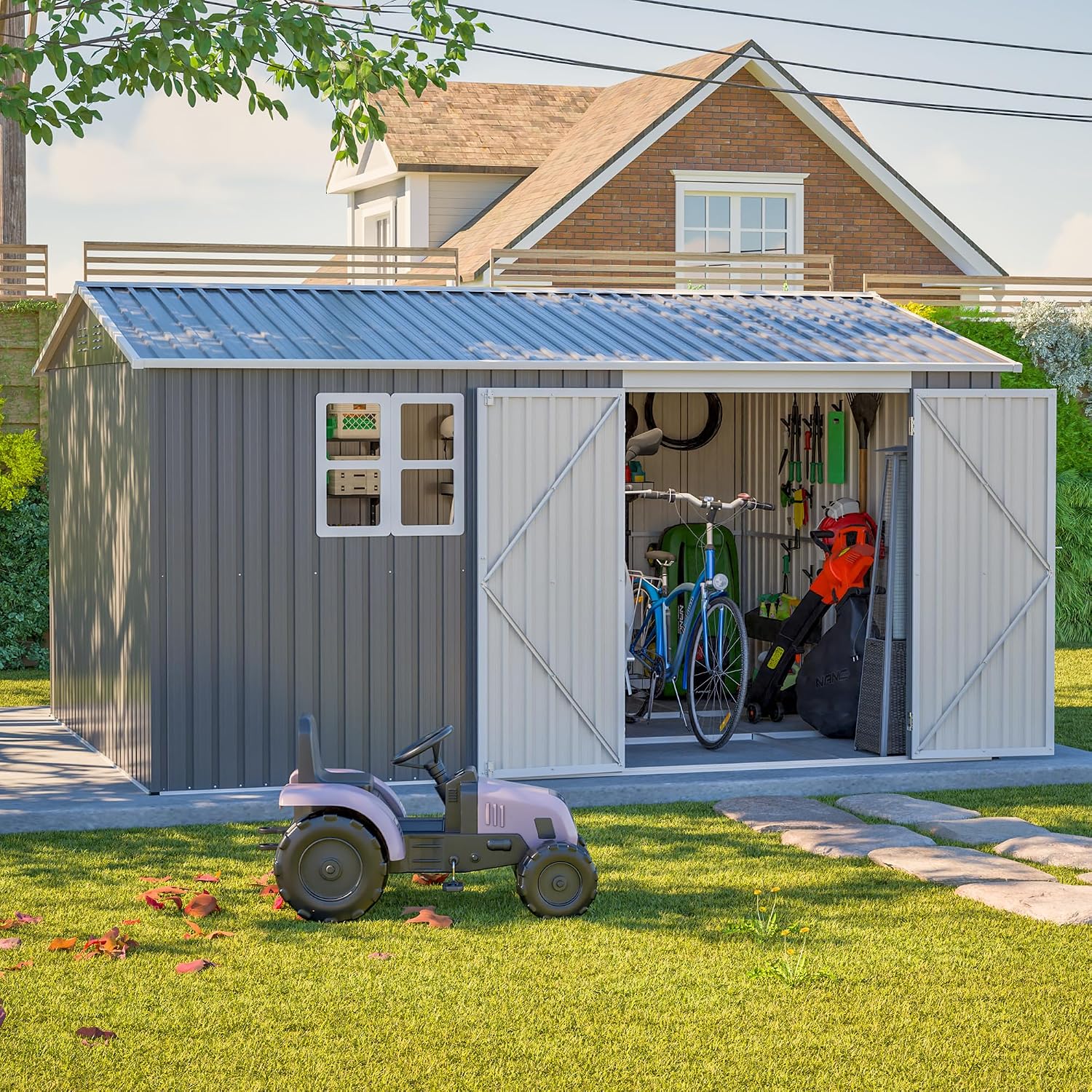 12x10 FT Metal Outdoor Storage Shed, Large Waterproof Garden Tool Shed with Lockable Doors, Steel Utility Shed for Backyard, Patio, Lawn & Garden, Grey