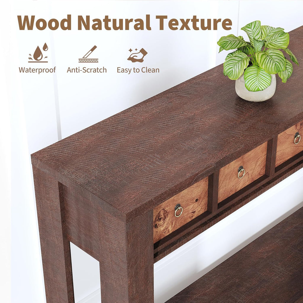 IDEALHOUSE 54inch Rustic Wooden Entryway Table with 2 Drawers & Open Shelf – Farmhouse Console Sofa Table for Hallway, Foyer & Living Room, Burlywood