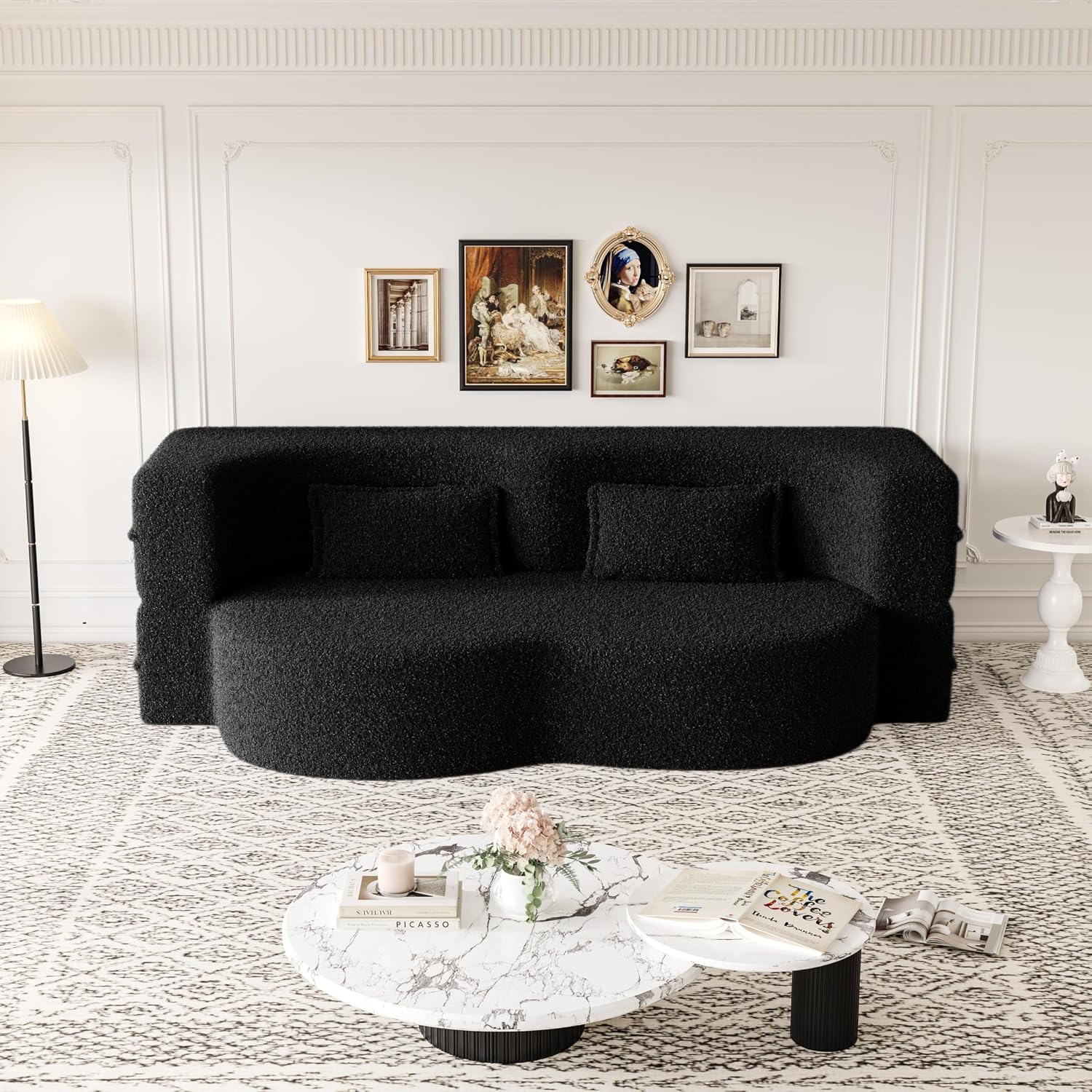 Ball & Cast 78' Floor Sofa Bed with 2 Pillows,Convertible Teddy Fabric Foam-Filled Sleeper Sofa Bed,Pull Out Couch Full Size Folding Mattress for Living Room,Playroom,No Assembly Required,Black