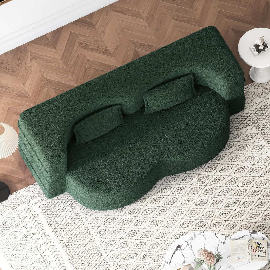 Ball & Cast 78' Floor Sofa Bed with 2 Pillows,Convertible Teddy Fabric Foam-Filled Sleeper Sofa Bed,Pull Out Couch Full Size Folding Mattress for Living Room,Playroom,No Assembly Required,Green