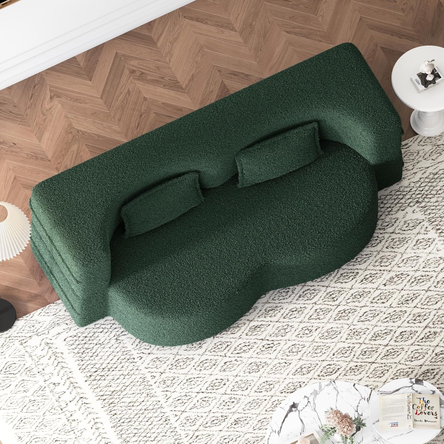 Ball & Cast 78' Floor Sofa Bed with 2 Pillows,Convertible Teddy Fabric Foam-Filled Sleeper Sofa Bed,Pull Out Couch Full Size Folding Mattress for Living Room,Playroom,No Assembly Required,Green