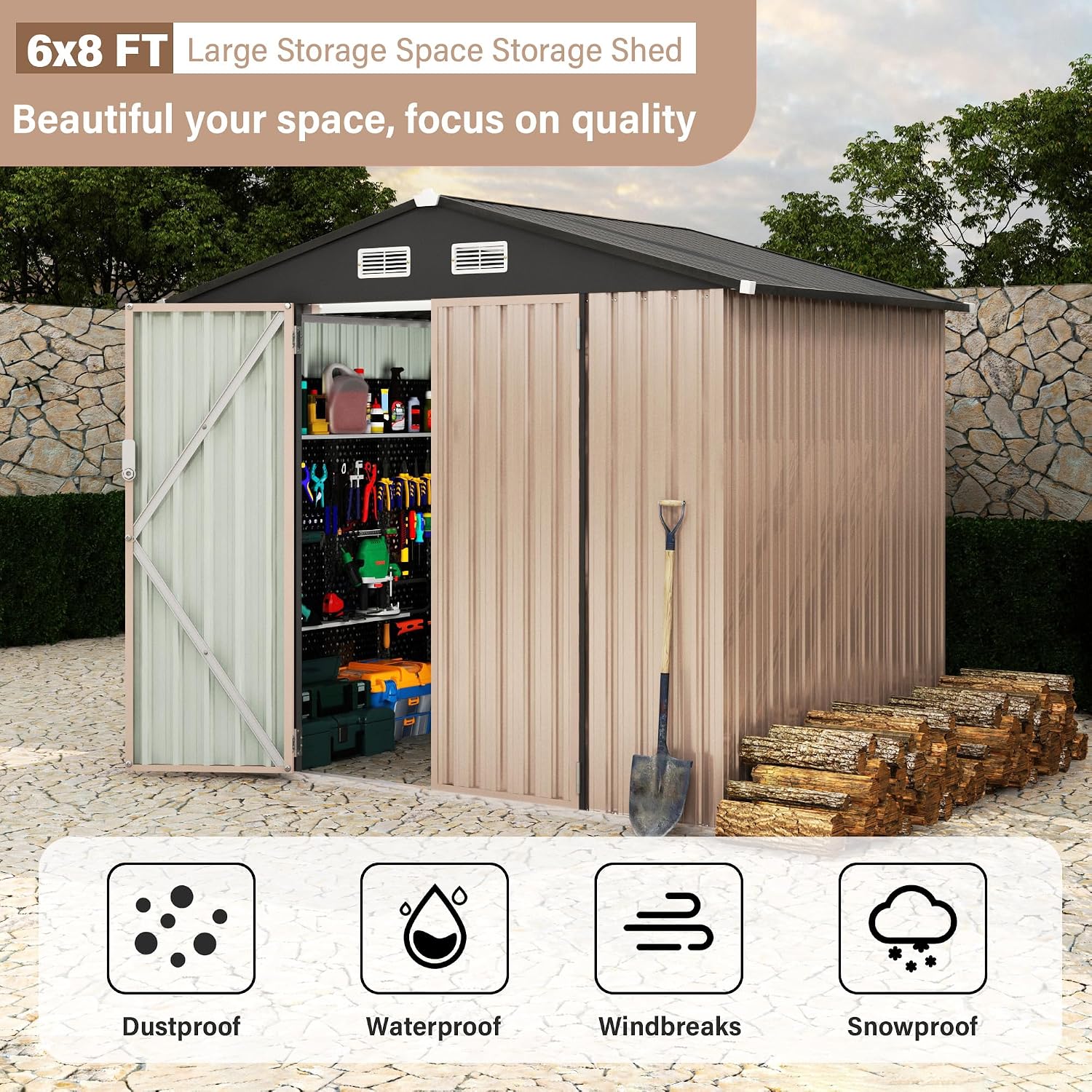 6x8 FT Metal Storage Sheds Outdoor, Metal Tool Shed with Lockable Door, Metal Yard Sheds Metal Garden Shed Kit, Metal Utility Sheds Buildings with Air Vent for Backyard Garden Patio Lawn