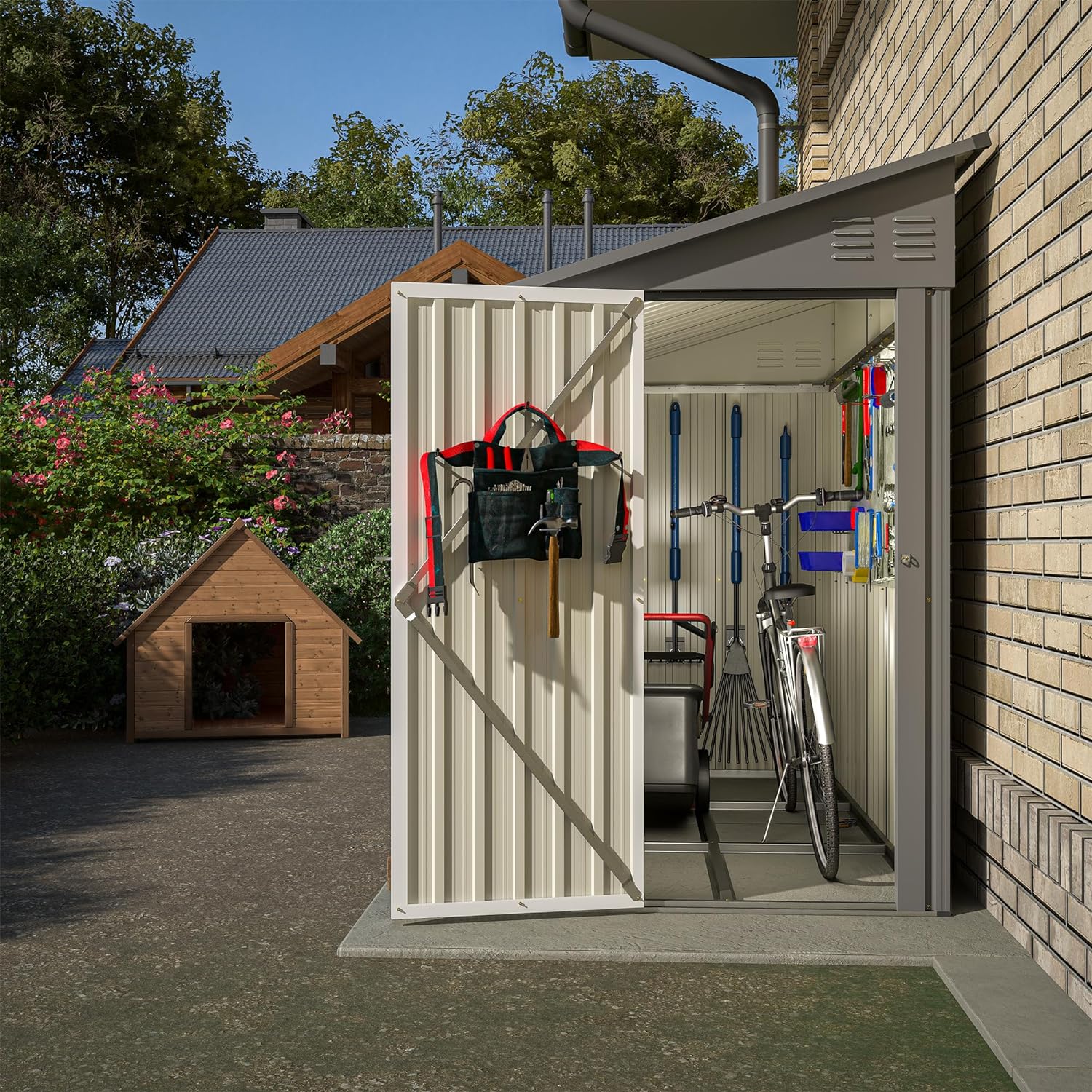 KELRIA 4 x 8 FT Metal Outdoor Storage Shed w/Foundation, Lean to Storage Sheds with Lockable Door and Air Vents, All Weather Waterproof Garden Tool House for Backyard, Patio, Lawn, Gray