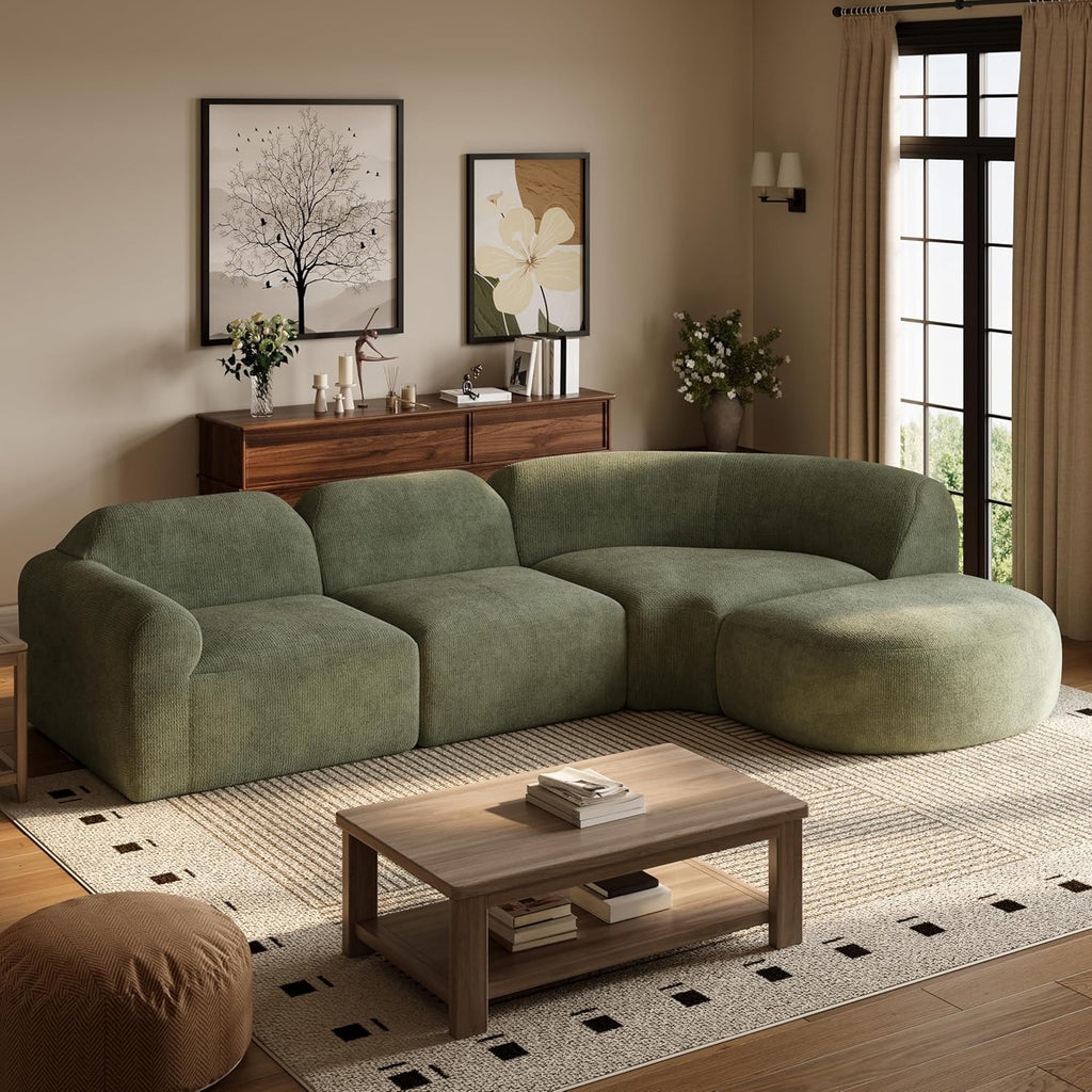 Christopher Knight Home Midel 111' Modular L-Shape Sofa Couch with Chaise Lounge, Modern Boneless Sofa for Living Room, Fabric Upholstered Cloud Couch with Deep Seat, Olive Green