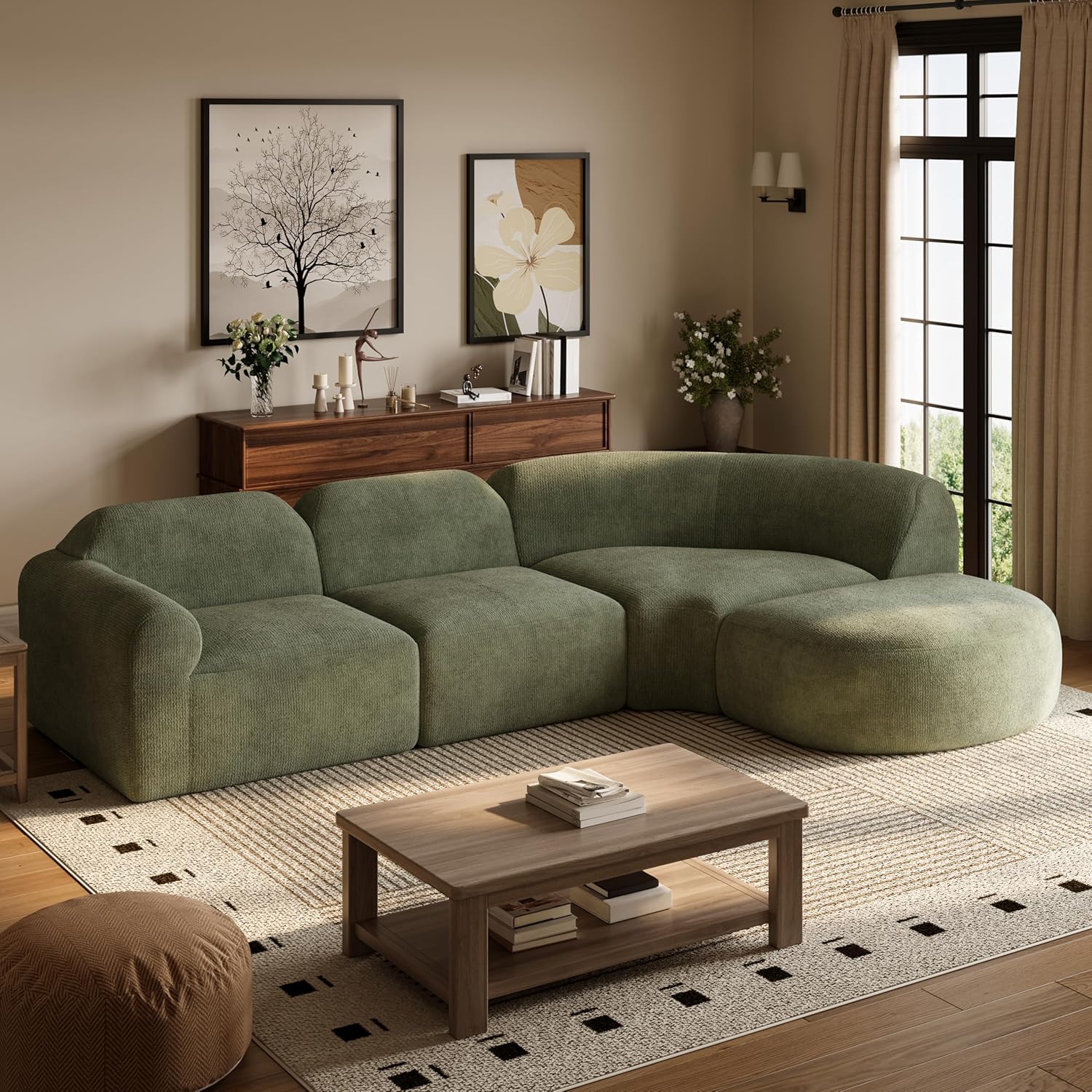 Christopher Knight Home Midel 111' Modular L-Shape Sofa Couch with Chaise Lounge, Modern Boneless Sofa for Living Room, Fabric Upholstered Cloud Couch with Deep Seat, Olive Green