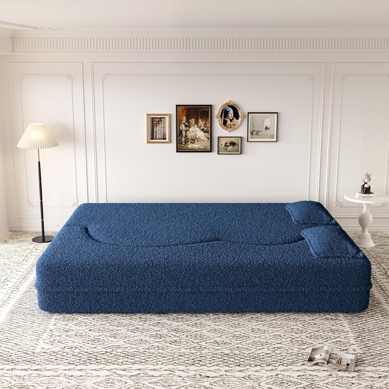 Ball & Cast 78' Floor Sofa Bed with 2 Pillows,Convertible Teddy Fabric Foam-Filled Sleeper Sofa Bed,Pull Out Couch Full Size Folding Mattress for Living Room,Playroom,No Assembly Required,Blue