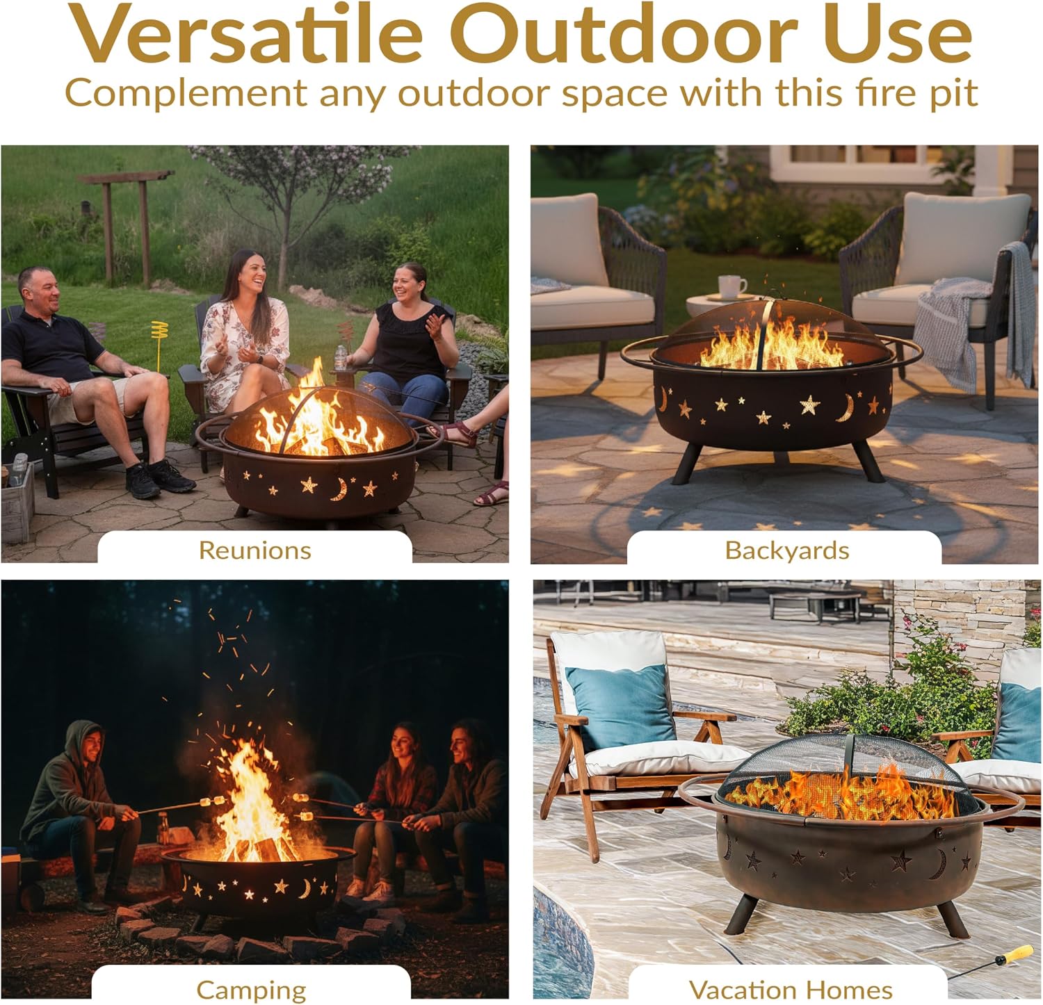 Sunnydaze Large Cosmic Outdoor Fire Pit - Wood-Burning Fire Pit with Round Spark Screen, Poker, and Built-in Grate - 42' - Bronze