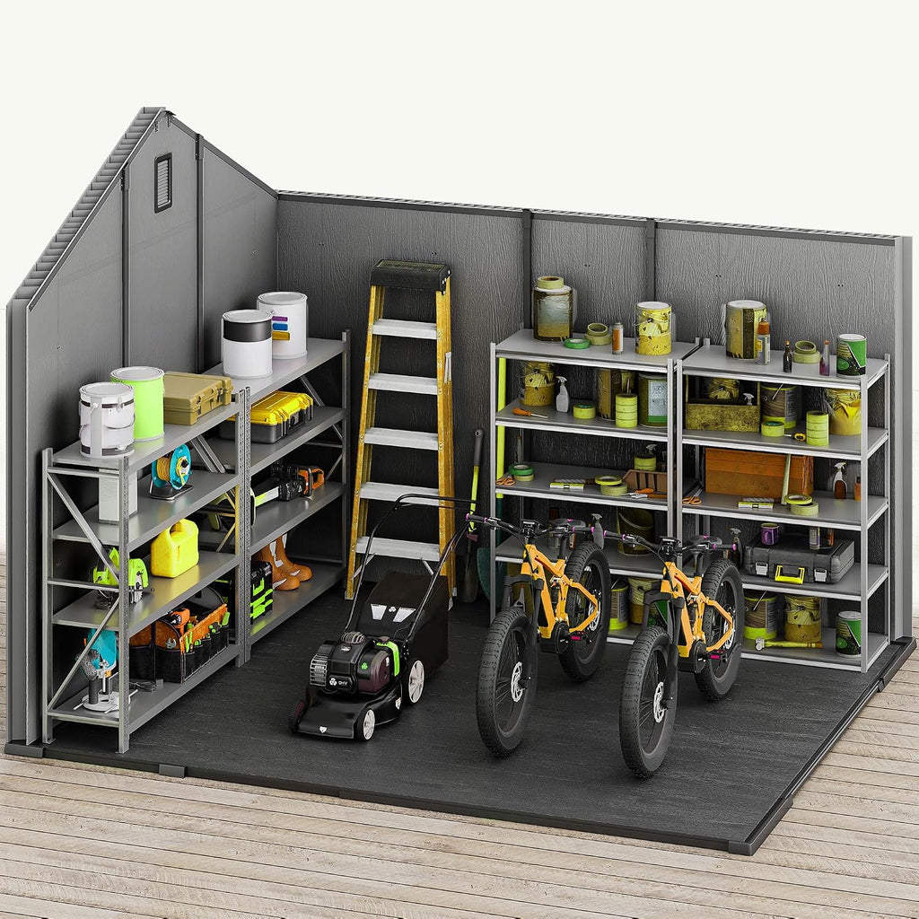 DWVO 8x10 FT Outdoor Storage Shed with Vision Grid Door Panel, 544 cuft Plastic Storage Shed with Floor, 16mm Heavy Duty All-Weather Garden Tool Sheds with Window & Vent for Pool Supplies, Black