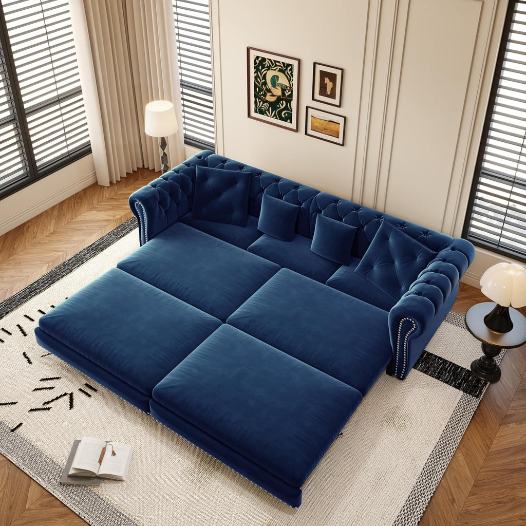 Ball & Cast 3-in-1 Convertible Sofa Bed with Movable Ottoman, 89' Pull Out Couch Bed King Size, Velvet 3 Seater Sleeper Sofa with Nailhead Trim & Rolled Arm,Sofa Couches for Living Room,Blue