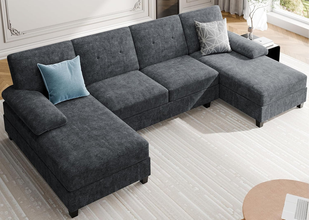 Sectional Couches for Living Room, U Shaped Couch 4 Seat Sectional Sofa with Chaise and Armrests, Comfortable Fabric Large Sofa for Apartment (Grey)