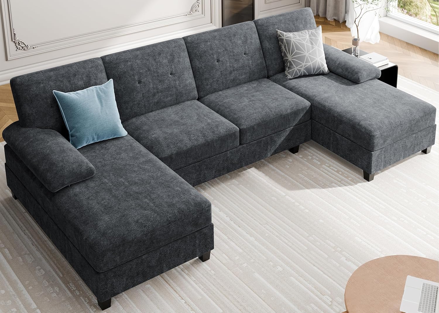 Sectional Couches for Living Room, U Shaped Couch 4 Seat Sectional Sofa with Chaise and Armrests, Comfortable Fabric Large Sofa for Apartment (Grey)