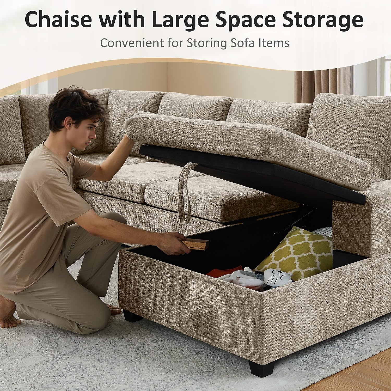 VANOMi 119 Inch Sectional Sleeper Sofa with Storage, 7 Seats Sofas & Couches with Pull Out Bed Chenille Modular Sectional Sofa for Living Room, Apartment, Camel | with Storage, with Pull Out Bed, with Chaise
