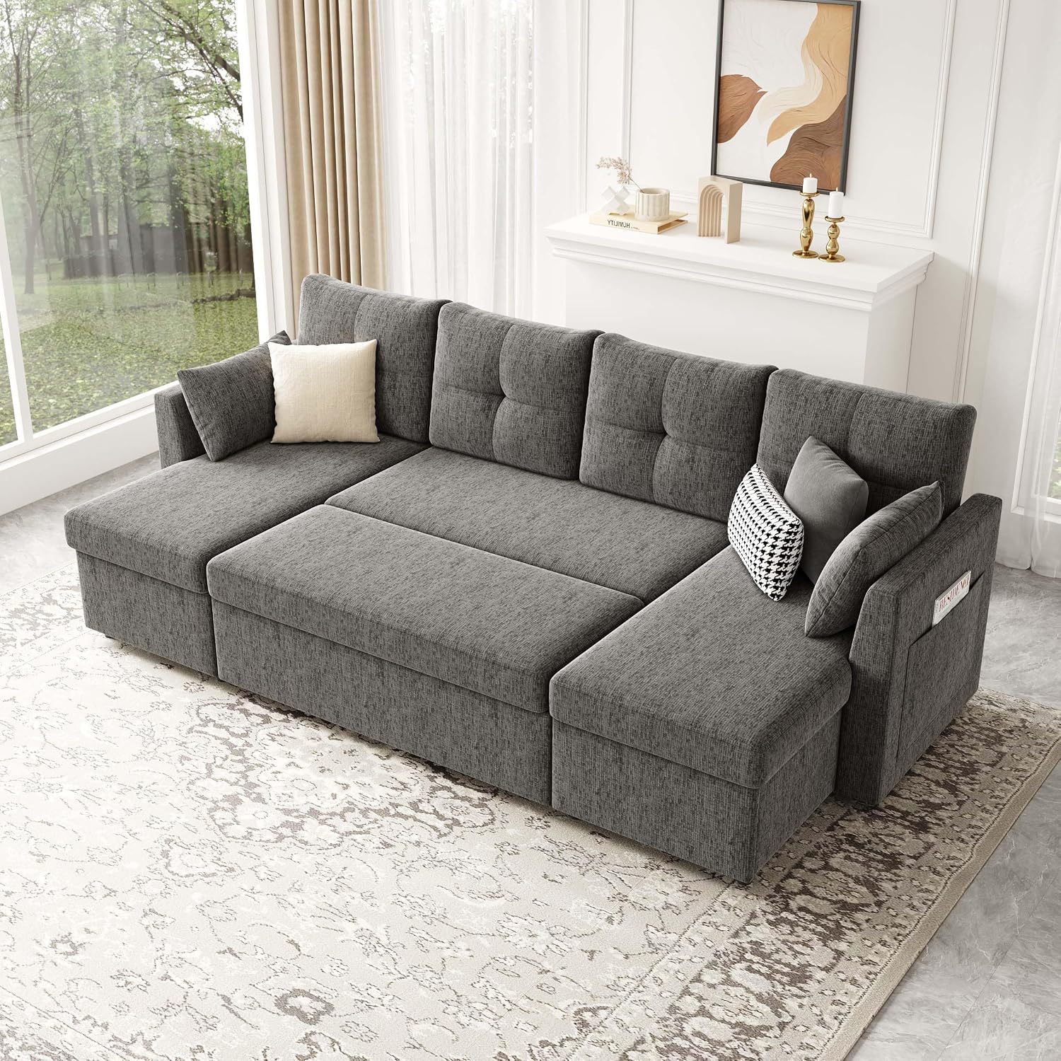 Huatean Home Oversized Sleeper Couch Sofa, 110 inch 2 in 1 Pull Out Couch with Double Storage Chaise, Sectional Sleeper Sofa Bed with Side Pocket for Living Room, Dark Grey