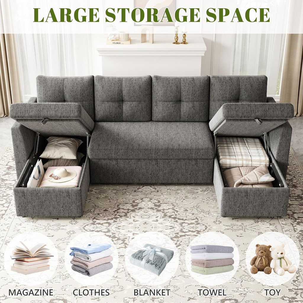 Huatean Home Oversized Sleeper Couch Sofa, 110 inch 2 in 1 Pull Out Couch with Double Storage Chaise, Sectional Sleeper Sofa Bed with Side Pocket for Living Room, Dark Grey