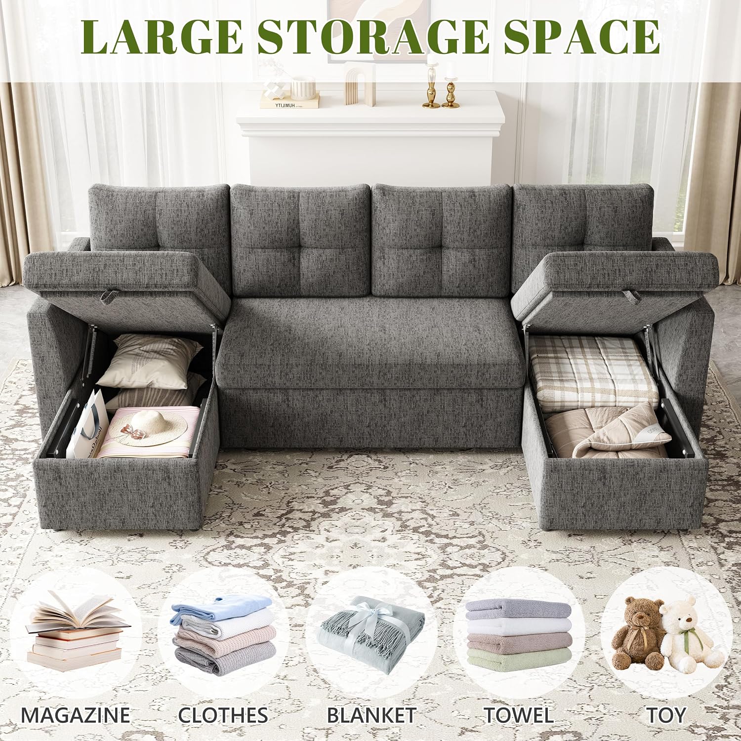 Huatean Home Oversized Sleeper Couch Sofa, 110 inch 2 in 1 Pull Out Couch with Double Storage Chaise, Sectional Sleeper Sofa Bed with Side Pocket for Living Room, Dark Grey
