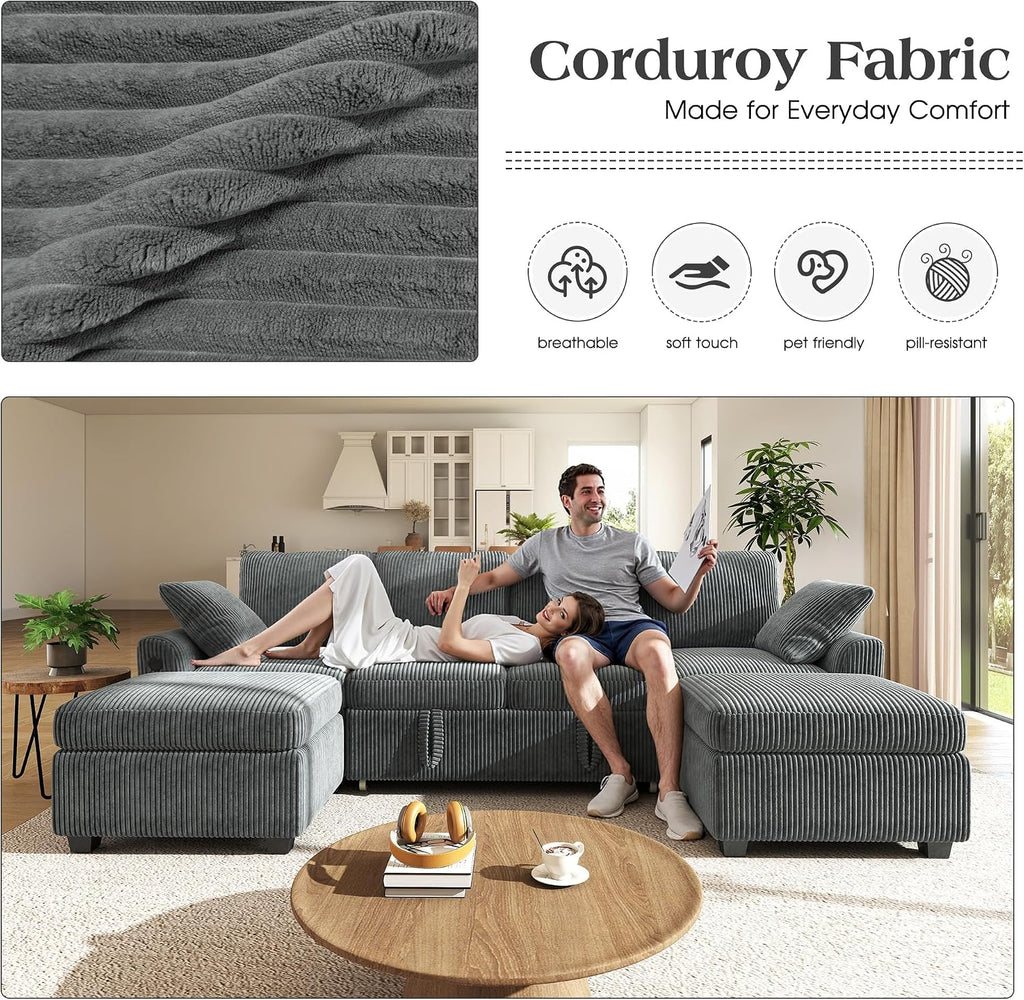 Ihanherry 6-Seater Large Sectional Sofa Bed with Storage Ottoman, Corduroy Reversible Modular Sleeper Sofa Couch with USB Port, 104' L-Shaped Convertible Couch for Living Room（Gray）