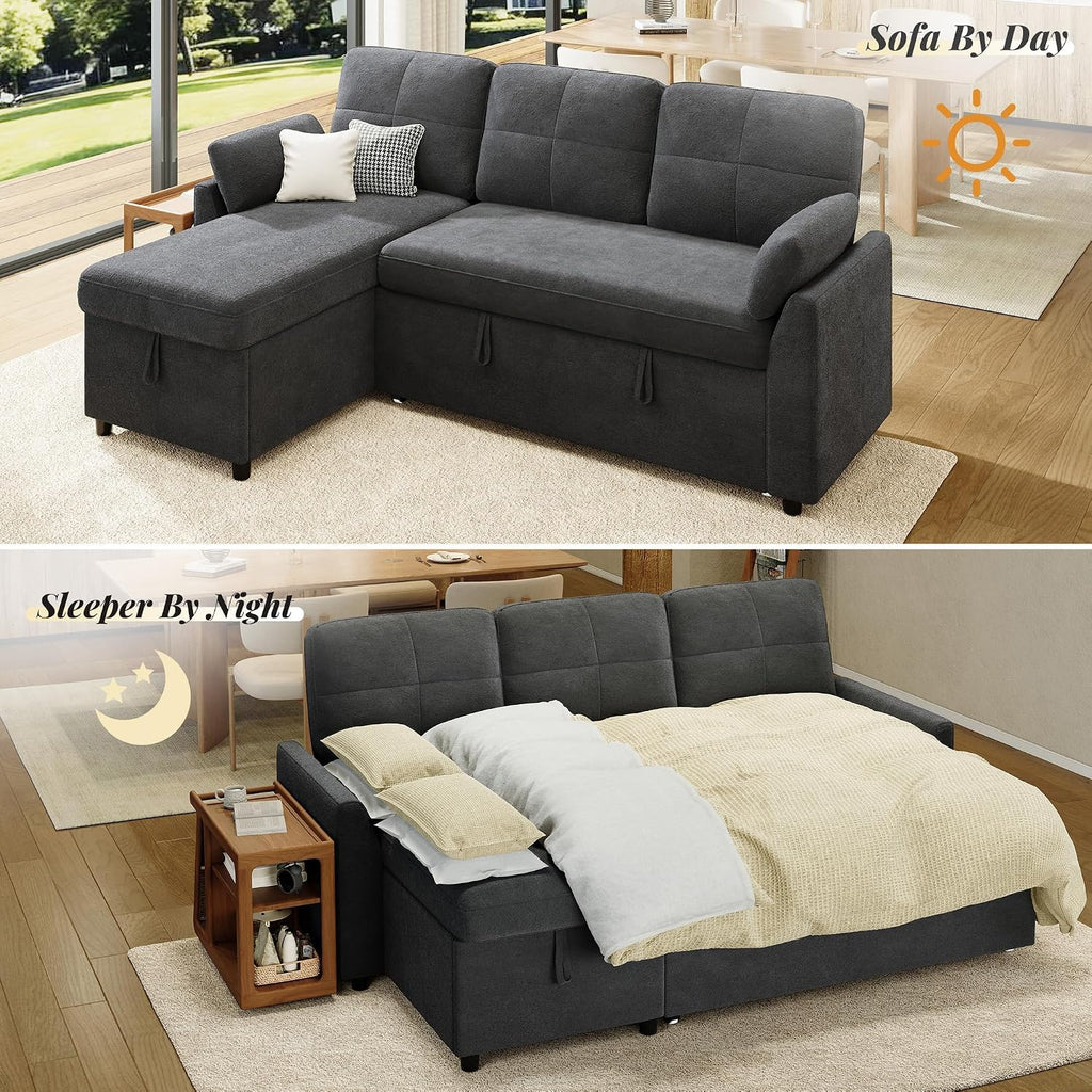 Jocisland L Shaped Sofa Bed, Sleeper Sofa with Storage Chaise, Convertible Couch Bed with Pull Out Couch for Living Room, Linen Gray
