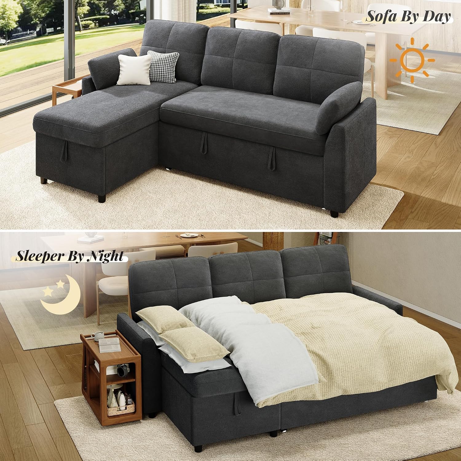 Jocisland L Shaped Sofa Bed, Sleeper Sofa with Storage Chaise, Convertible Couch Bed with Pull Out Couch for Living Room, Linen Gray
