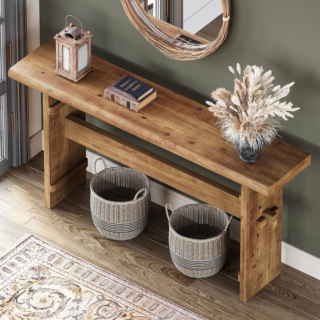 TRIBEWOOD 63-Inch Solid Wood Console Table for Entryway, Narrow Long Farmhouse Sofa Table Behind Couch, for Foyer, Hallway, Living Room, Easy Asswmbly, Brown
