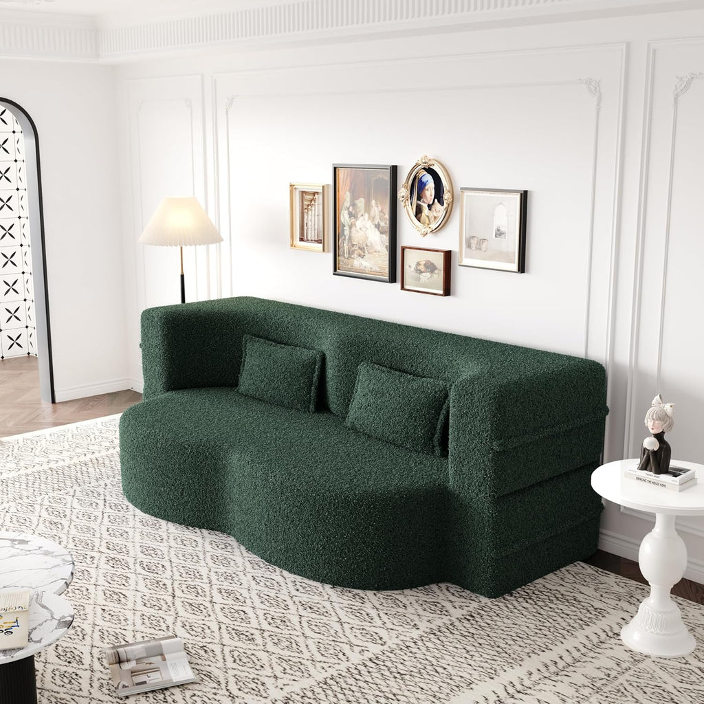 Ball & Cast 78' Floor Sofa Bed with 2 Pillows,Convertible Teddy Fabric Foam-Filled Sleeper Sofa Bed,Pull Out Couch Full Size Folding Mattress for Living Room,Playroom,No Assembly Required,Green