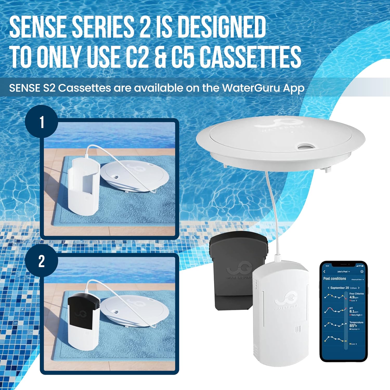 WaterGuru Sense S2 Smart Pool Monitor – Digital Pool & Spa Water Tester for Chlorine, pH, CYA & Alkalinity – Wi-Fi Enabled – Includes C5 Cassette, Float Ring & Batteries